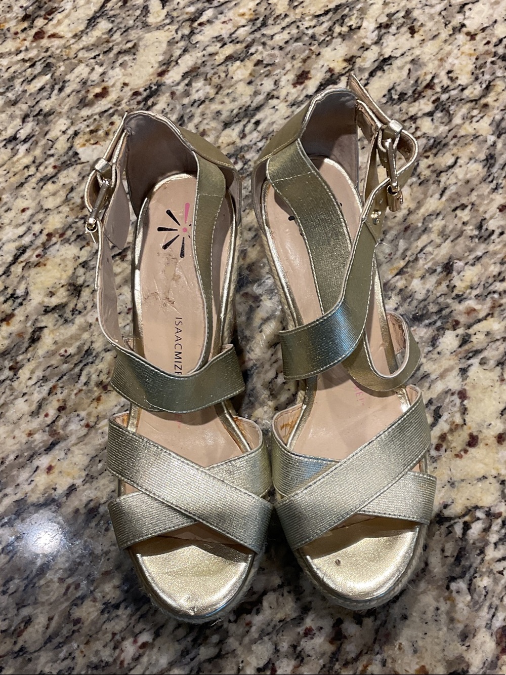 Isaac Mizrahi Metallic Gold Crisscross Wedge Sandals Sz 7